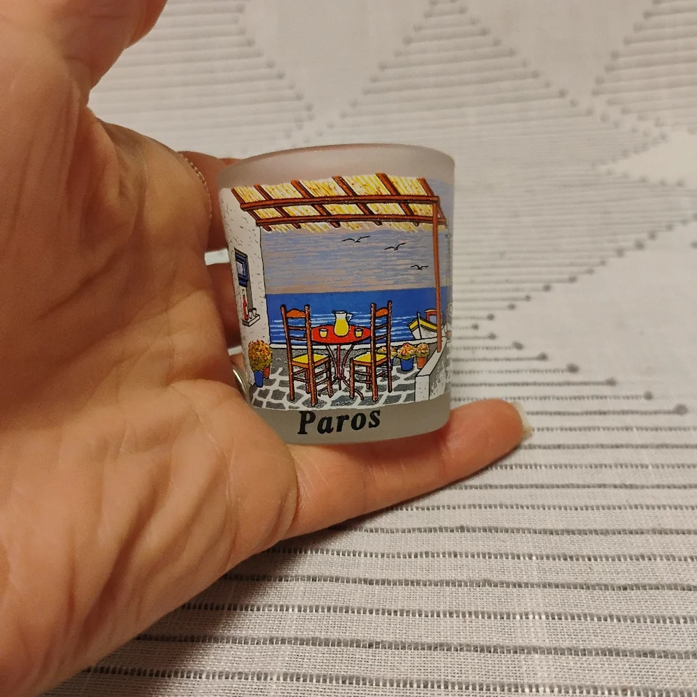 Paros Greek Island Frosted Souvenir Shot Glass Cafe Setting Scene